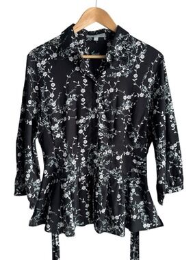 Foxcroft Fitted Floral Button Front Blouse Sz 12 Black Peplum Waist Tie Feminine